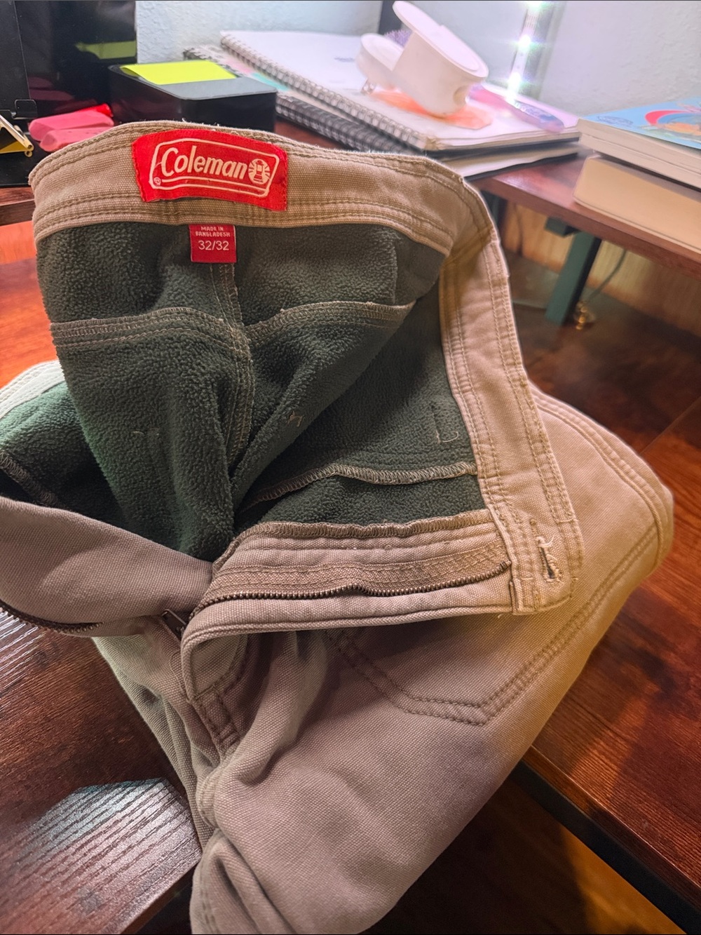 Coleman Olive Green Fleece-Lined Pants with Tan Exterior
